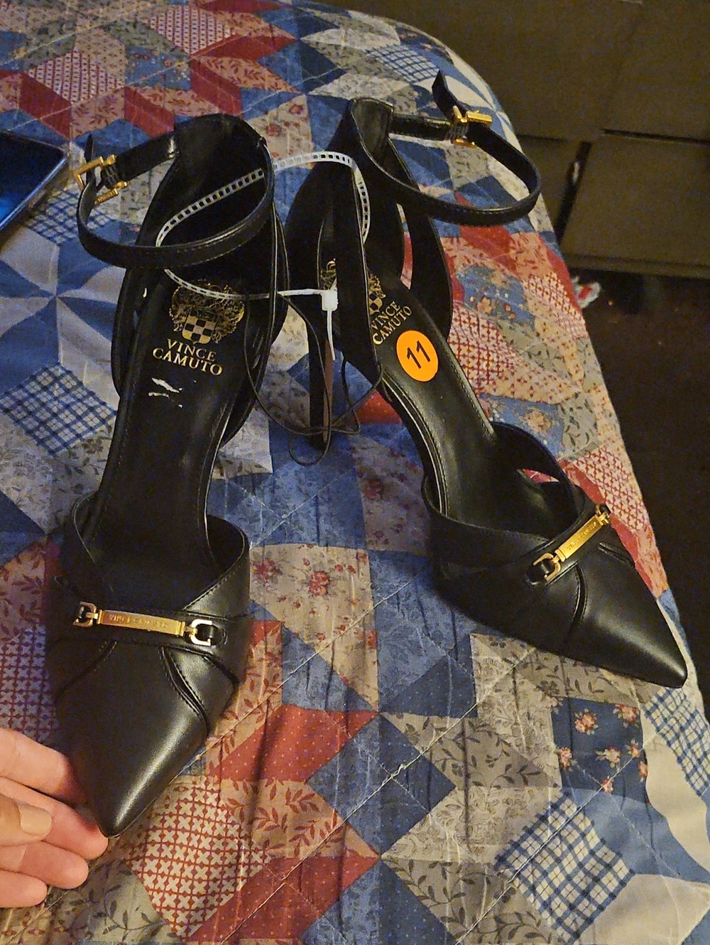 Vince Camuto Black Pointed-Toe Ankle-Strap Heels with Gold Accent
